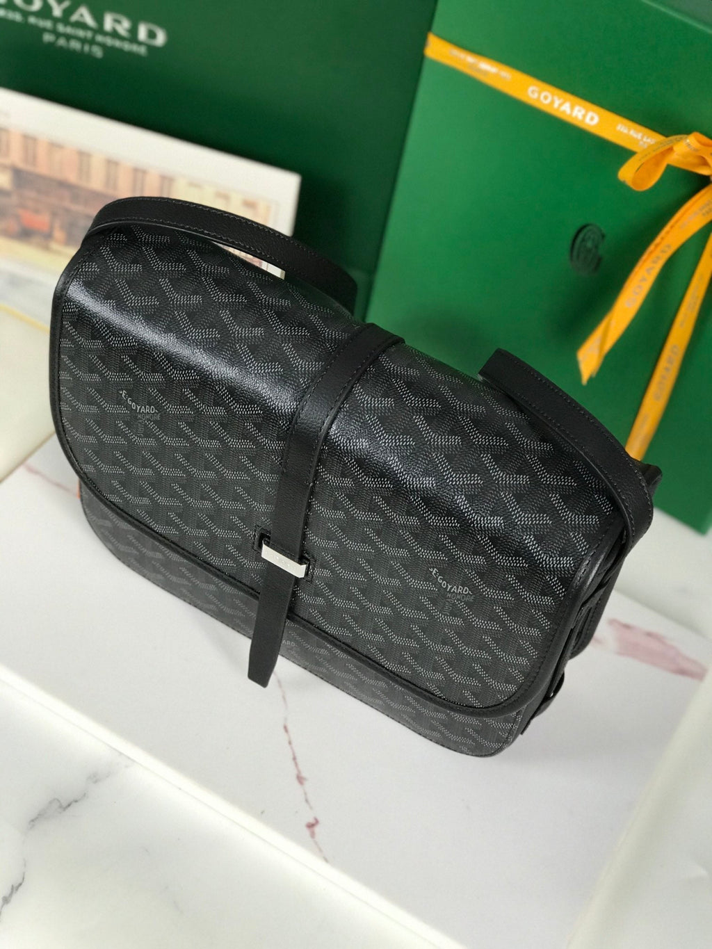 GOYARD BELVEDERE MM BAG 28 IN BLACK GOYARDINE CANVAS AND CALFSKIN