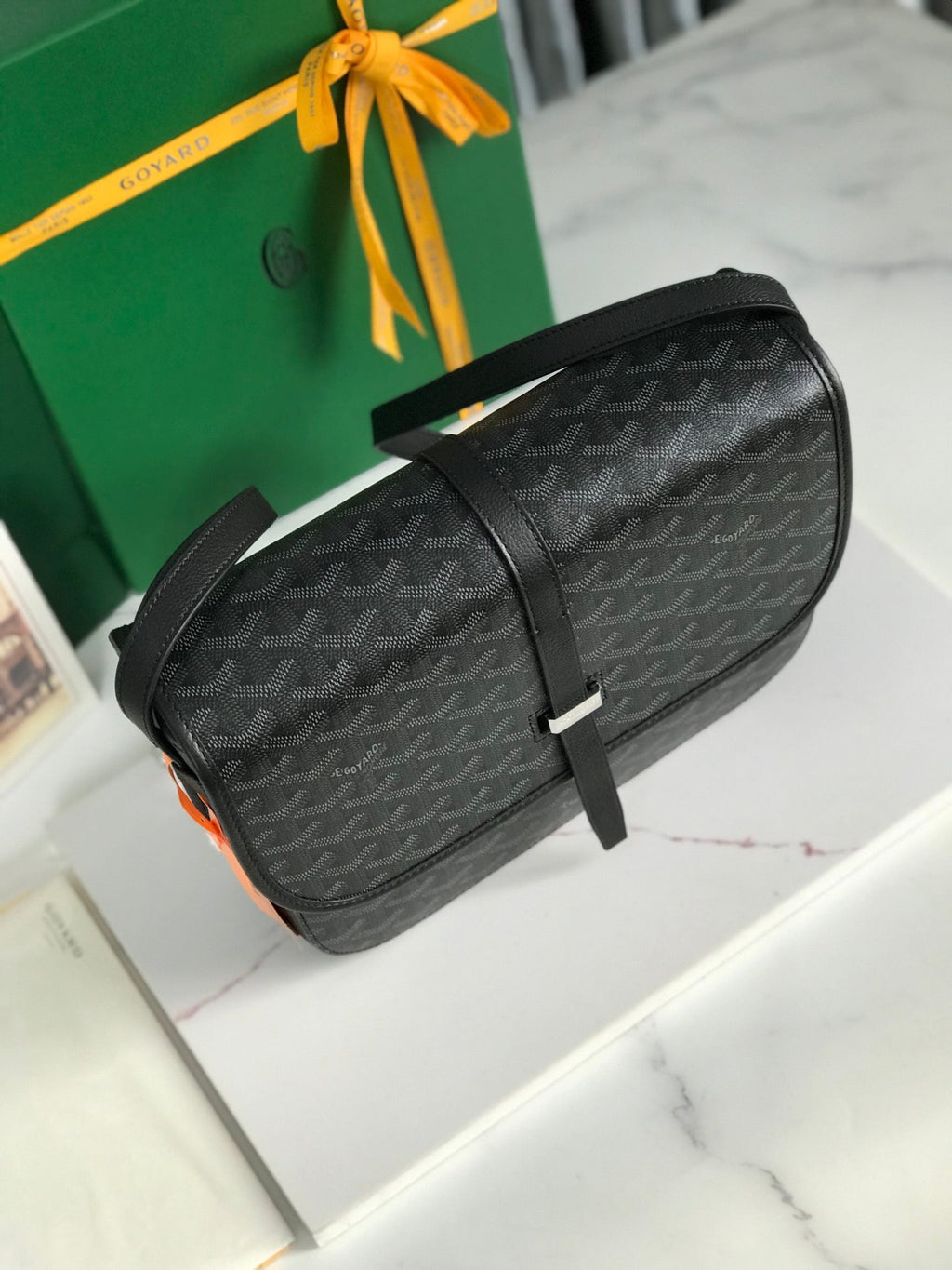 GOYARD BELVEDERE MM BAG 28 IN BLACK GOYARDINE CANVAS AND CALFSKIN