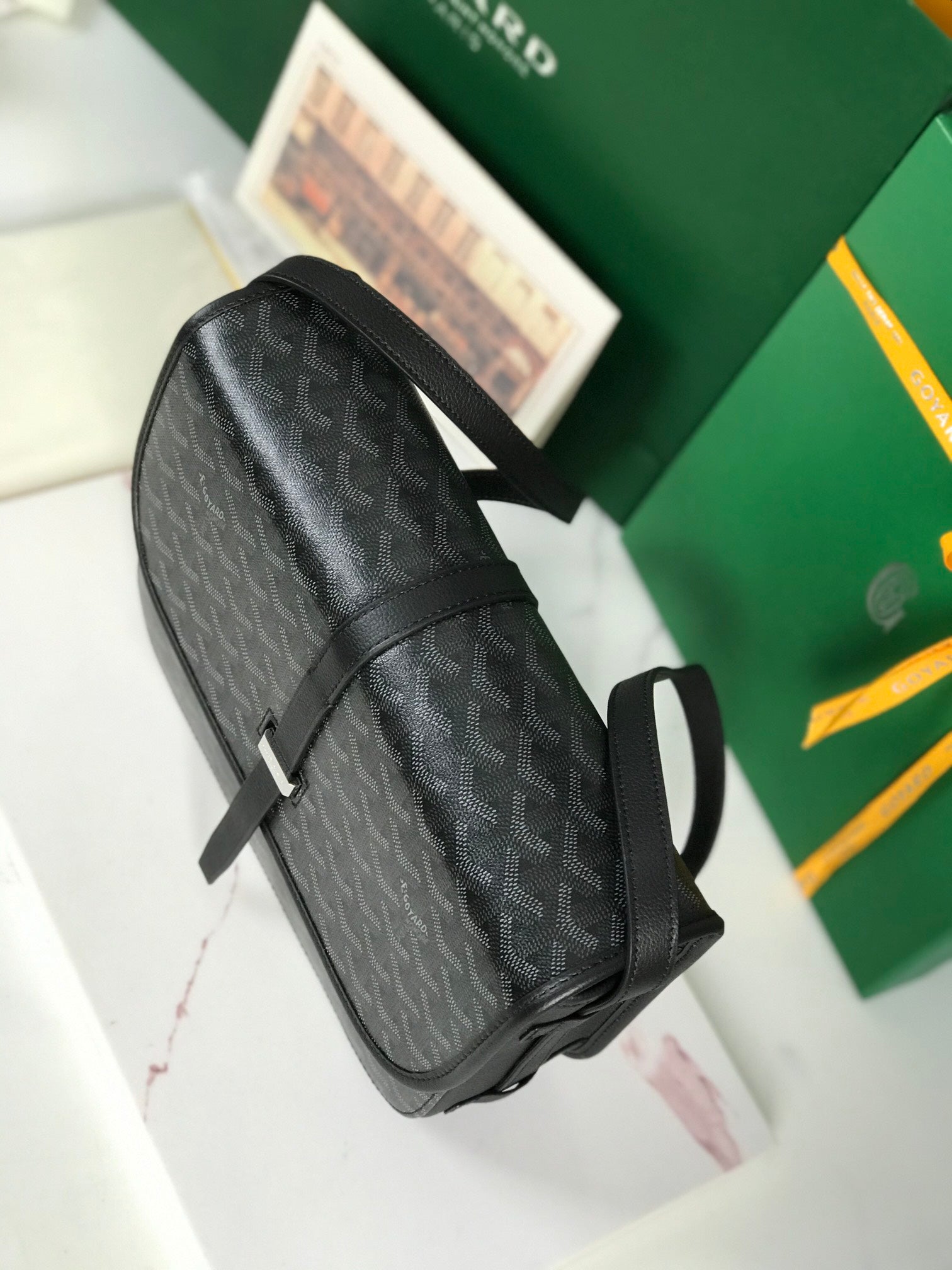 GOYARD BELVEDERE MM BAG 28 IN BLACK GOYARDINE CANVAS AND CALFSKIN