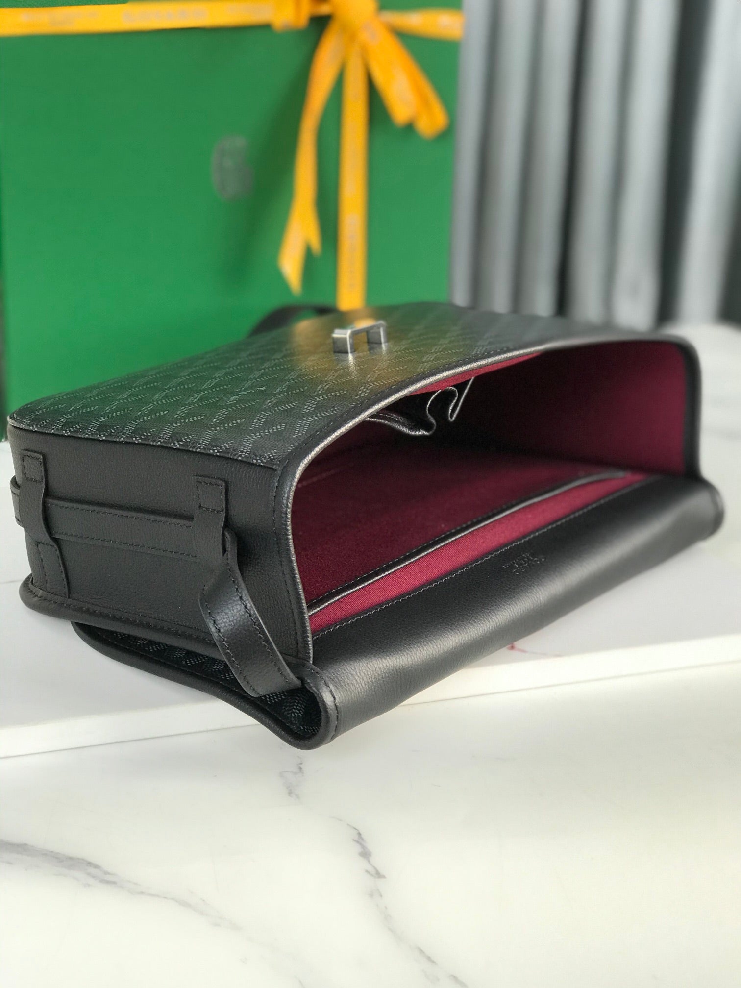GOYARD BELVEDERE MM BAG 28 IN BLACK GOYARDINE CANVAS AND CALFSKIN