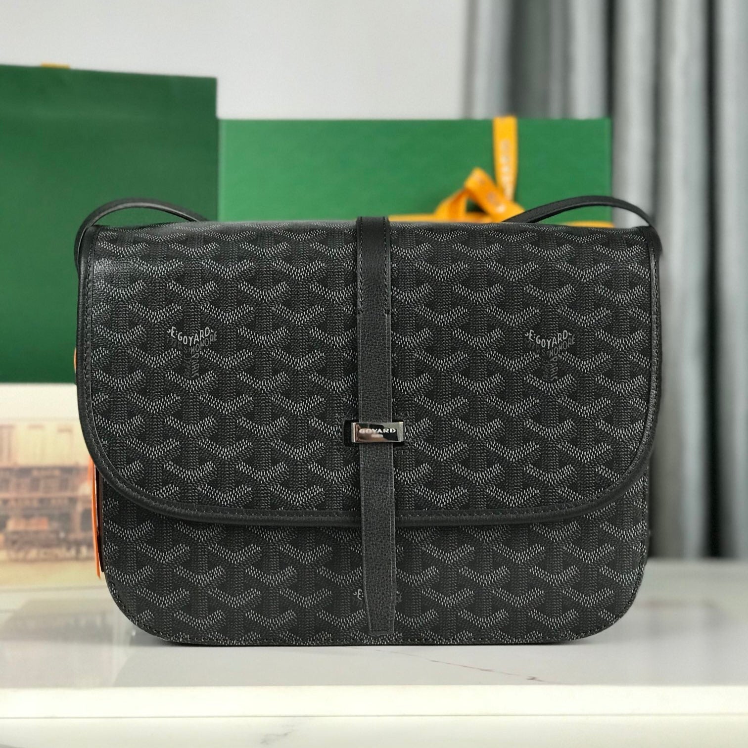 GOYARD BELVEDERE MM BAG 28 IN BLACK GOYARDINE CANVAS AND CALFSKIN