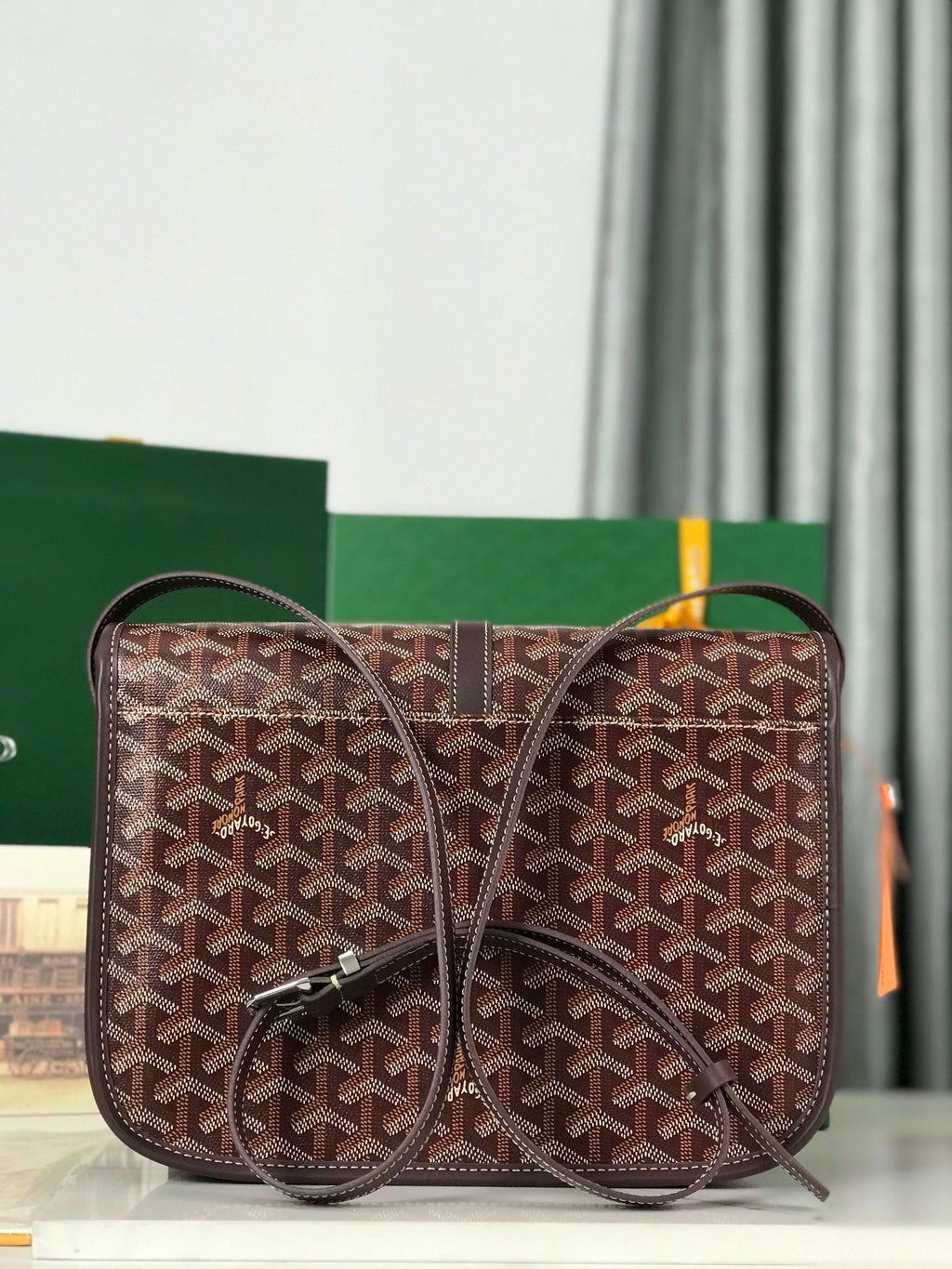 GOYARD BELVEDERE MM BAG 28 IN BROWN GOYARDINE CANVAS AND CALFSKIN