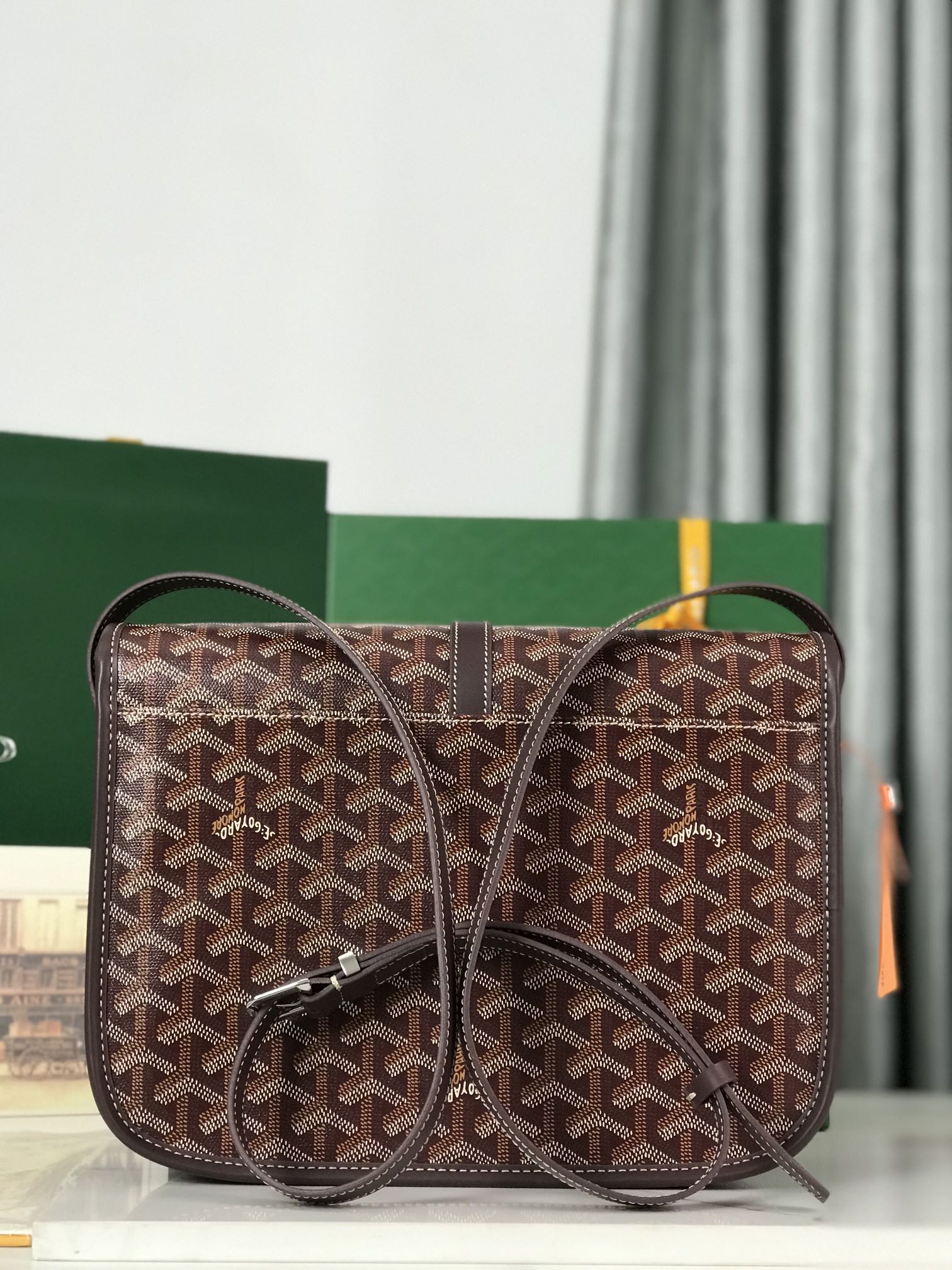 GOYARD BELVEDERE MM BAG 28 IN BROWN GOYARDINE CANVAS AND CALFSKIN