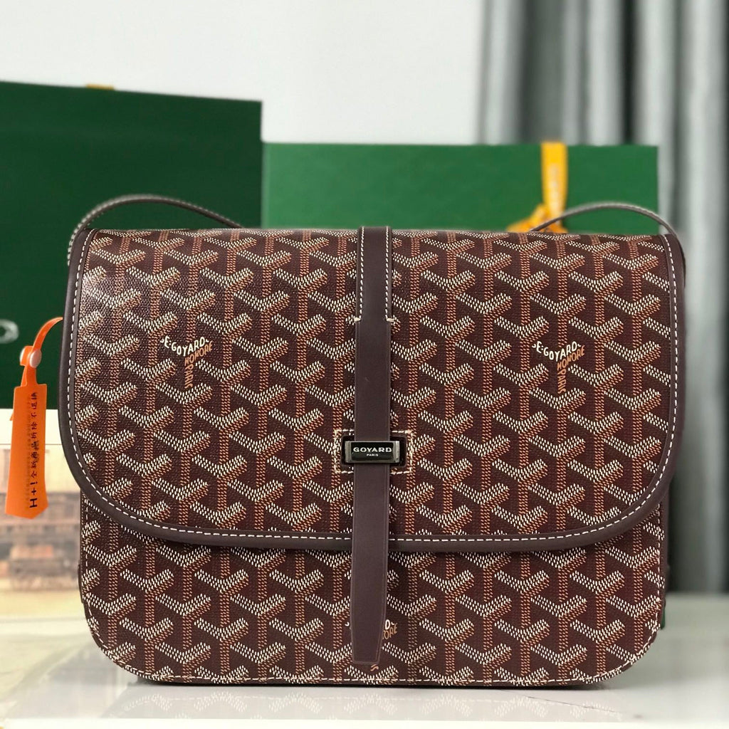 GOYARD BELVEDERE MM BAG 28 IN BROWN GOYARDINE CANVAS AND CALFSKIN