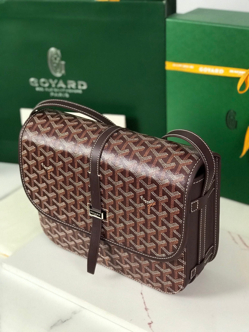 GOYARD BELVEDERE MM BAG 28 IN BROWN GOYARDINE CANVAS AND CALFSKIN