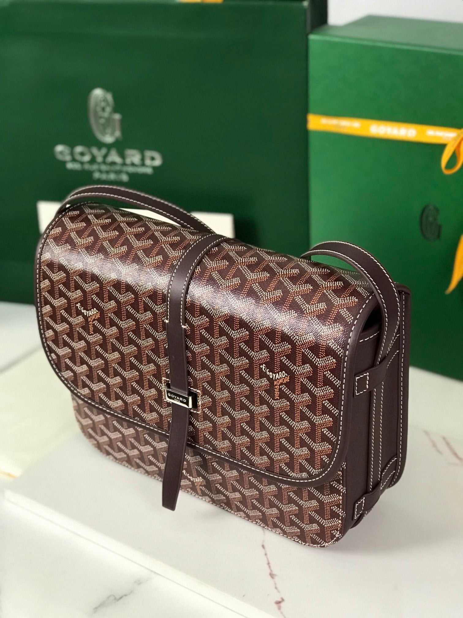 GOYARD BELVEDERE MM BAG 28 IN BROWN GOYARDINE CANVAS AND CALFSKIN