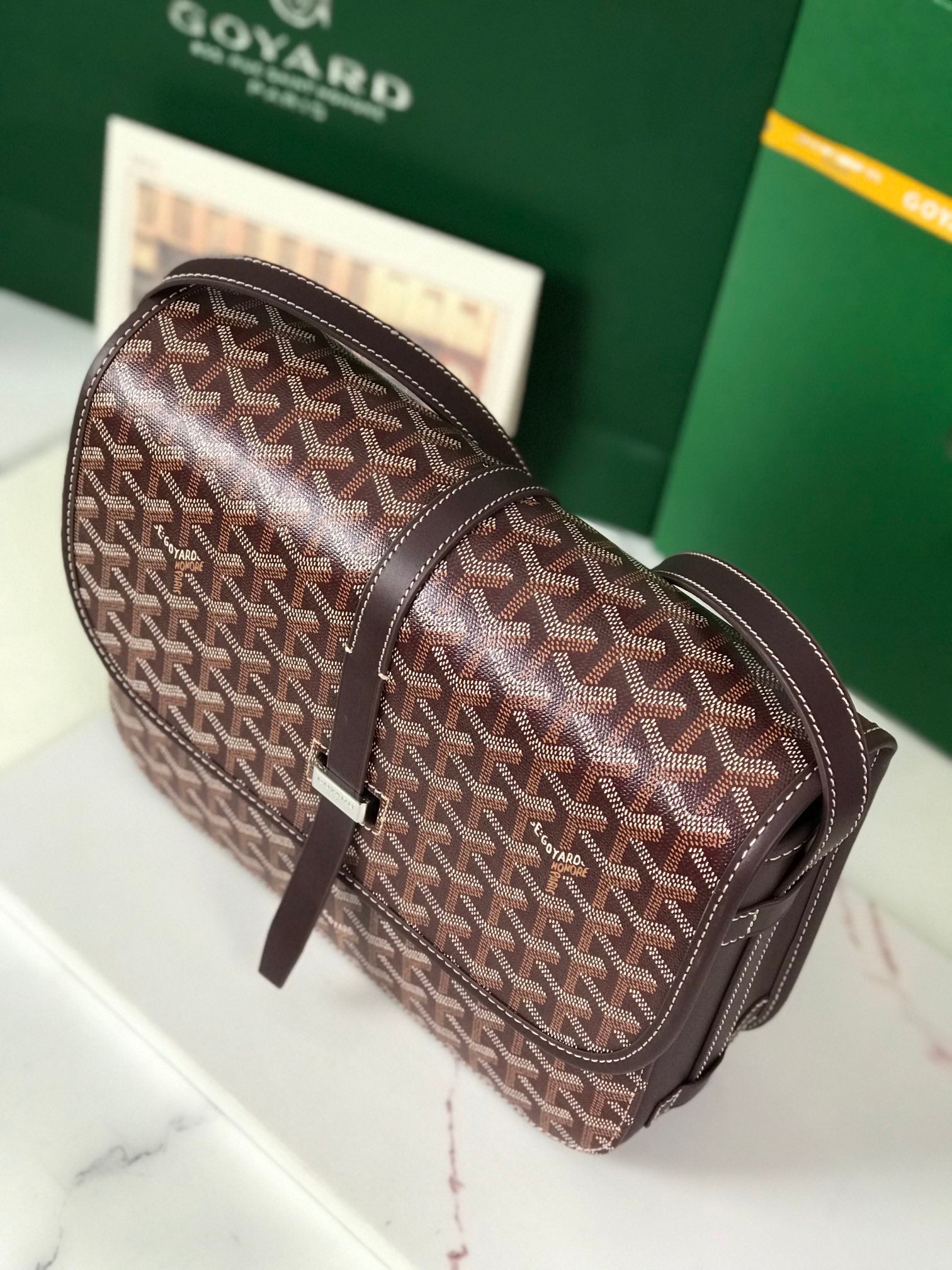 GOYARD BELVEDERE MM BAG 28 IN BROWN GOYARDINE CANVAS AND CALFSKIN