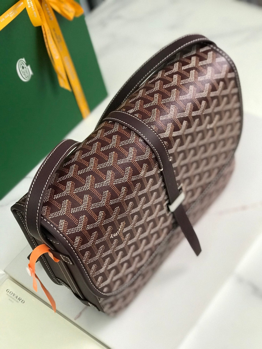 GOYARD BELVEDERE MM BAG 28 IN BROWN GOYARDINE CANVAS AND CALFSKIN