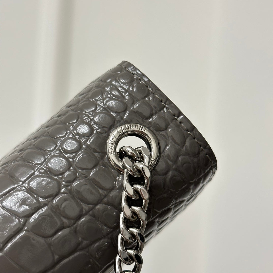 SAINT LAURENT KATE TASSEL 24 CROCODILE PATTERN DARK GREY CALFSKIN