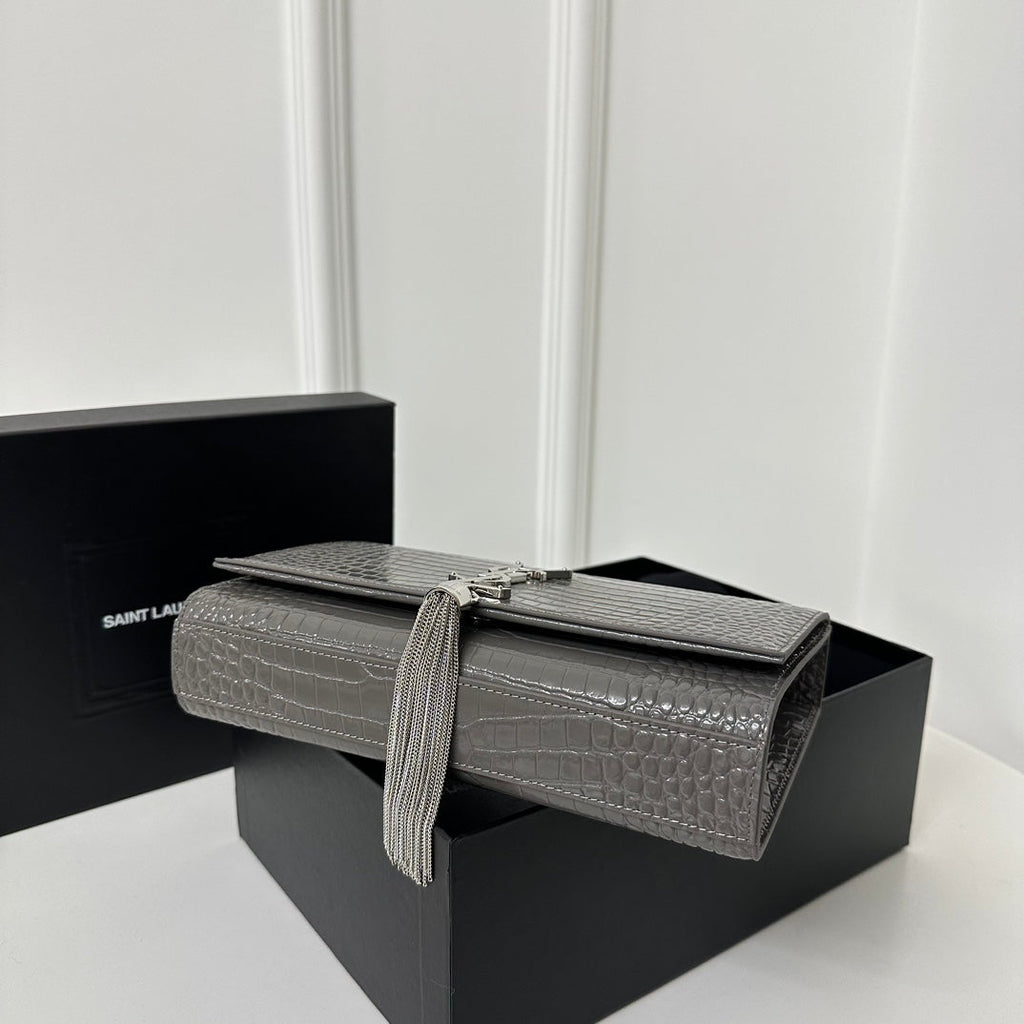 SAINT LAURENT KATE TASSEL 24 CROCODILE PATTERN DARK GREY CALFSKIN