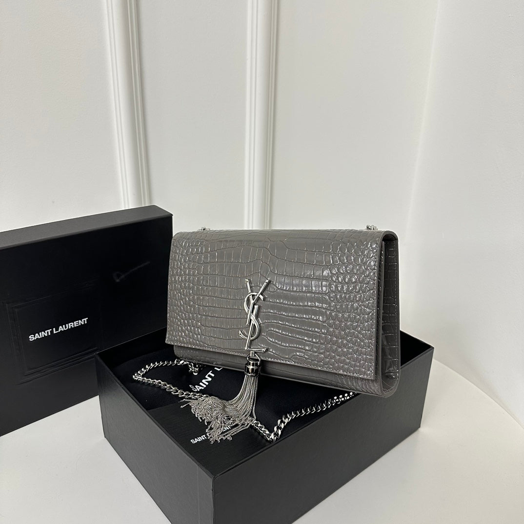 SAINT LAURENT KATE TASSEL 24 CROCODILE PATTERN DARK GREY CALFSKIN