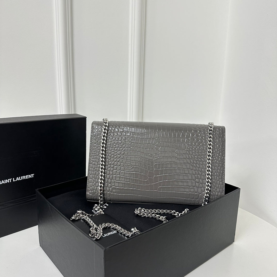 SAINT LAURENT KATE TASSEL 24 CROCODILE PATTERN DARK GREY CALFSKIN