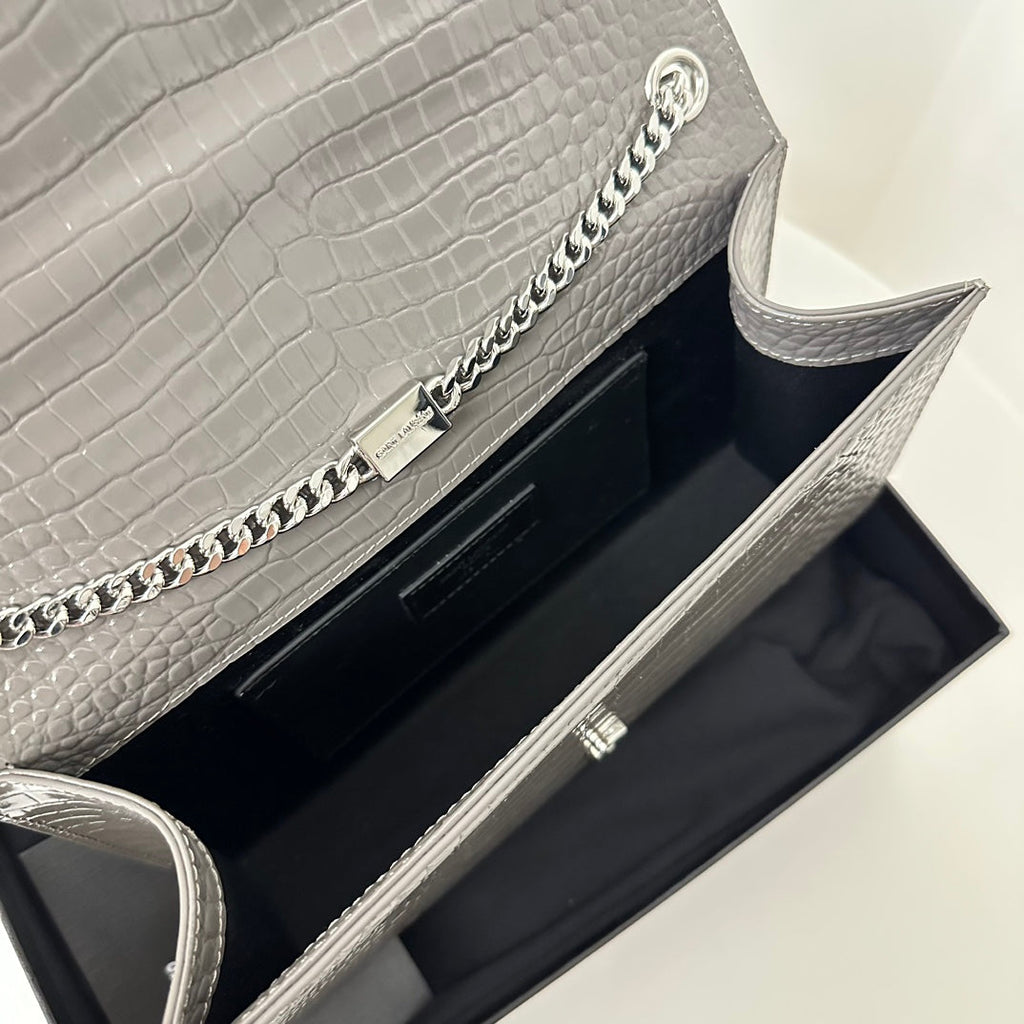 SAINT LAURENT KATE TASSEL 24 CROCODILE PATTERN DARK GREY CALFSKIN