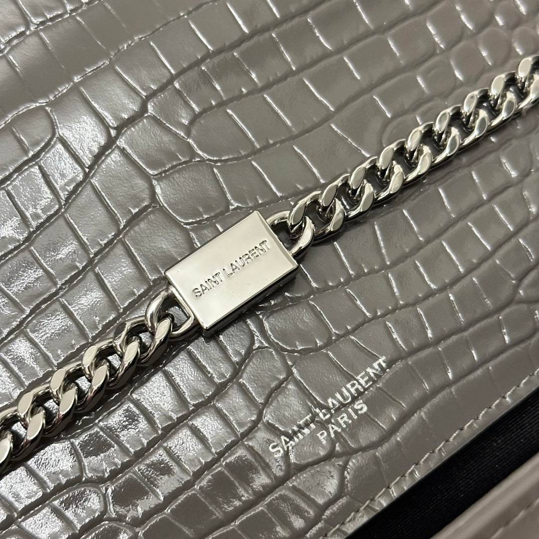 SAINT LAURENT KATE TASSEL 24 CROCODILE PATTERN DARK GREY CALFSKIN