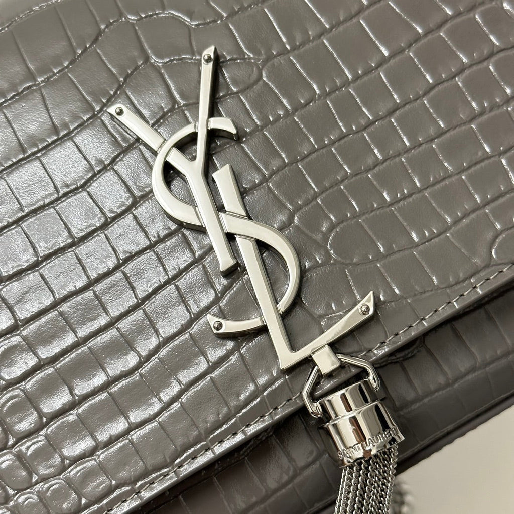 SAINT LAURENT KATE TASSEL 24 CROCODILE PATTERN DARK GREY CALFSKIN
