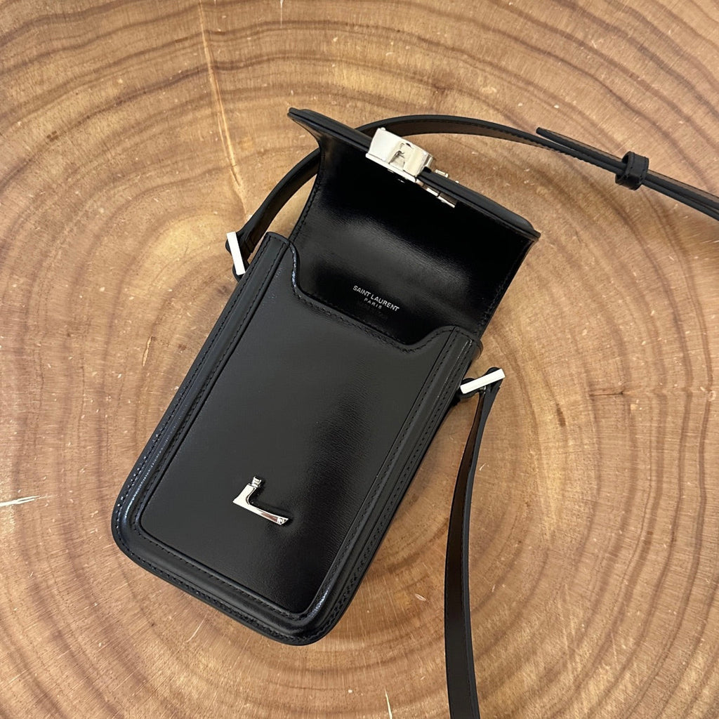 SAINT LAURENT SOLFERINO 18 BLACK CALFSKIN PHONE BAG
