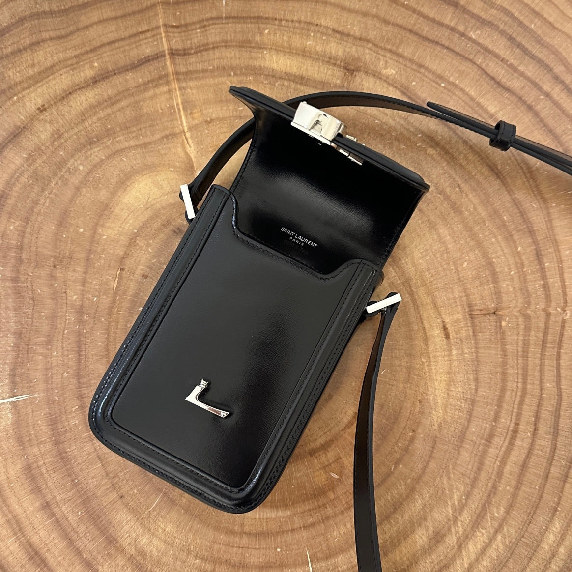 SAINT LAURENT SOLFERINO 18 BLACK CALFSKIN PHONE BAG
