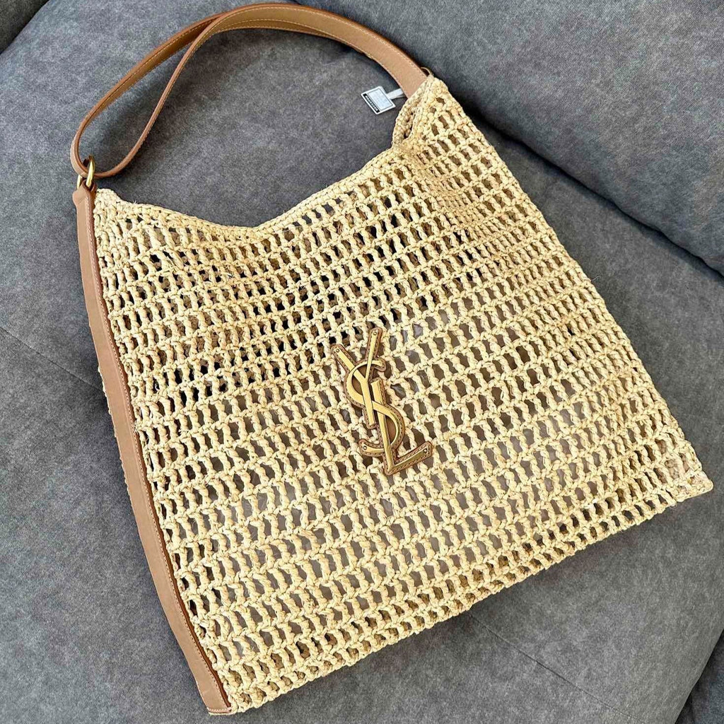SAINT LAURENT OXALIS 40  IN RAFFIA CROCHET AND LEATHER VINTAGE BROWN