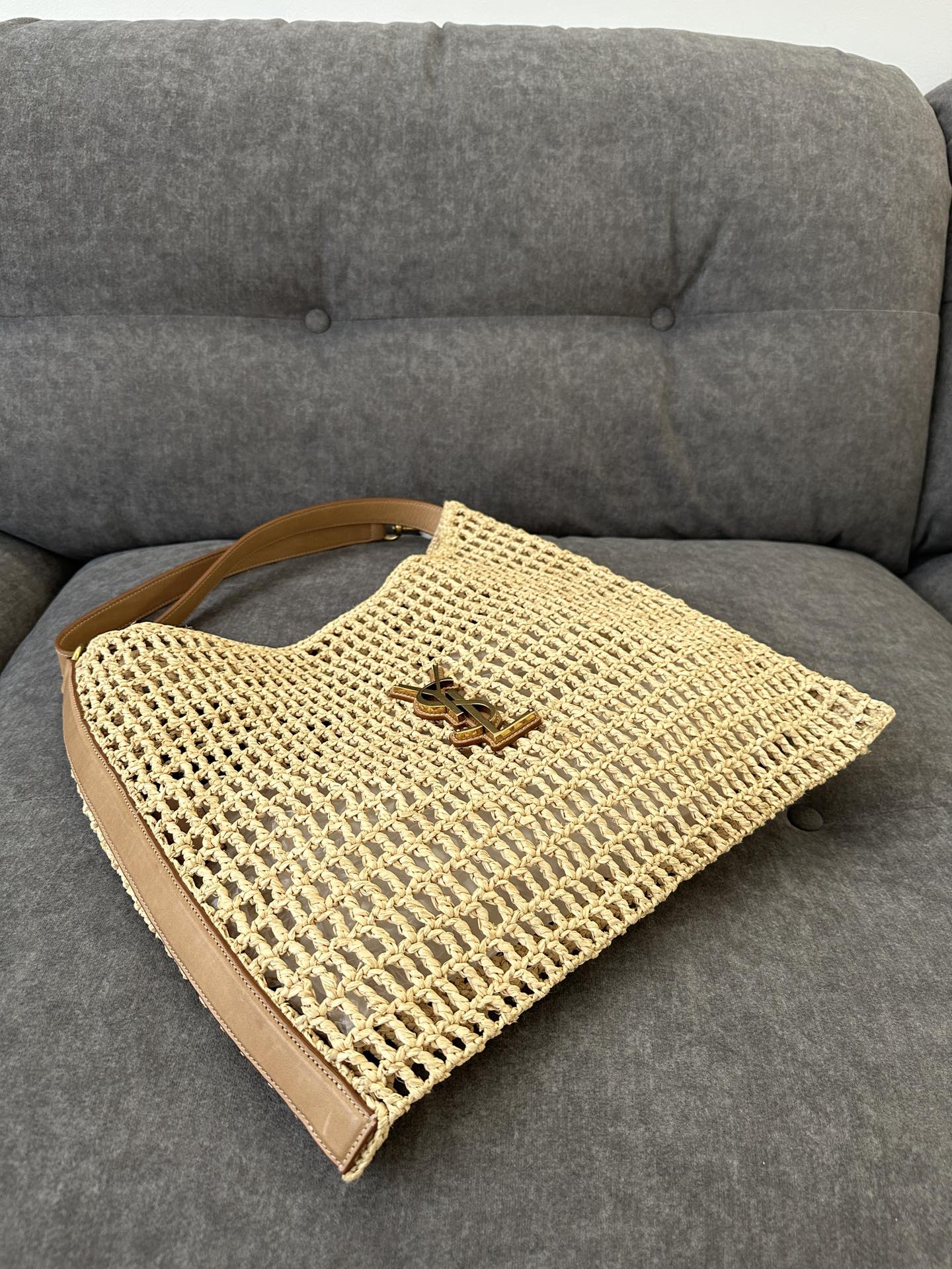 SAINT LAURENT OXALIS 40  IN RAFFIA CROCHET AND LEATHER VINTAGE BROWN