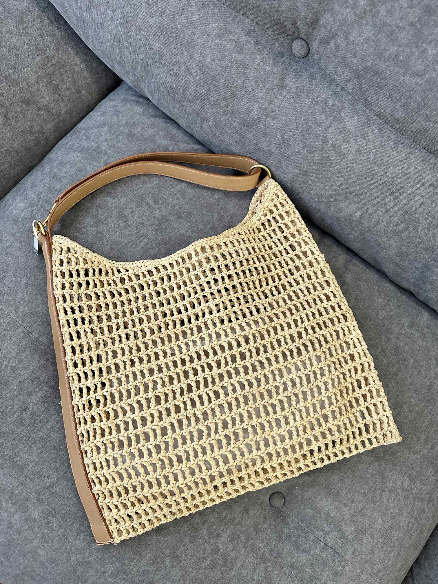 SAINT LAURENT OXALIS 40  IN RAFFIA CROCHET AND LEATHER VINTAGE BROWN