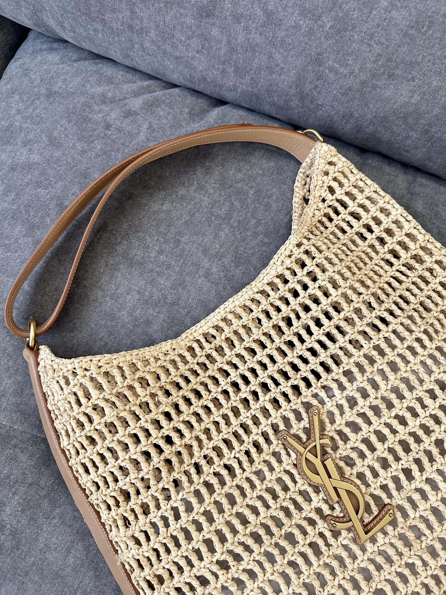 SAINT LAURENT OXALIS 40  IN RAFFIA CROCHET AND LEATHER VINTAGE BROWN
