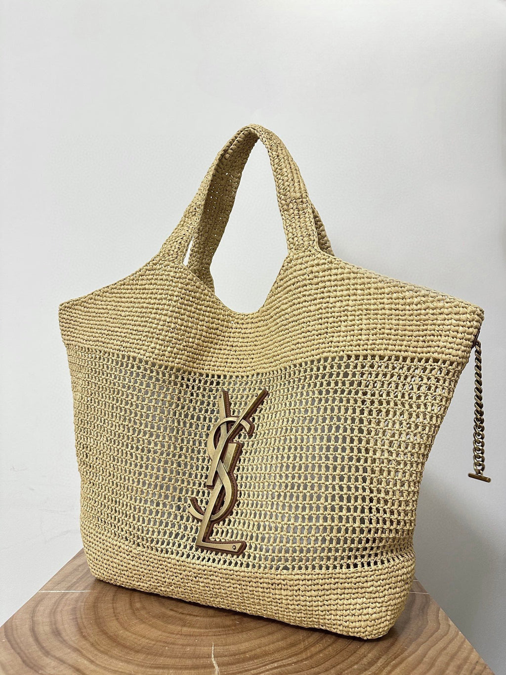 SAINT LAURENT RAFFIA ICARE 55 BEIGE BROWN STRAW