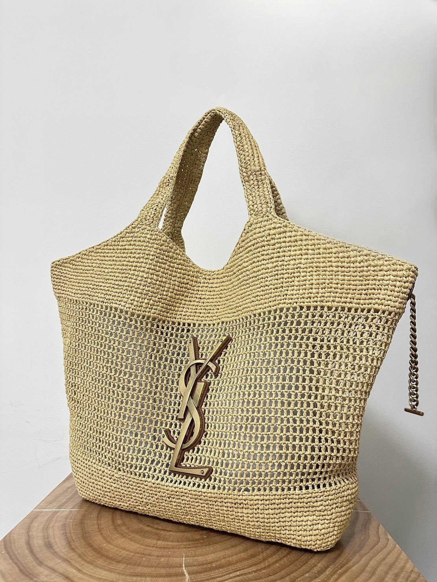 SAINT LAURENT RAFFIA ICARE 55 BEIGE BROWN STRAW