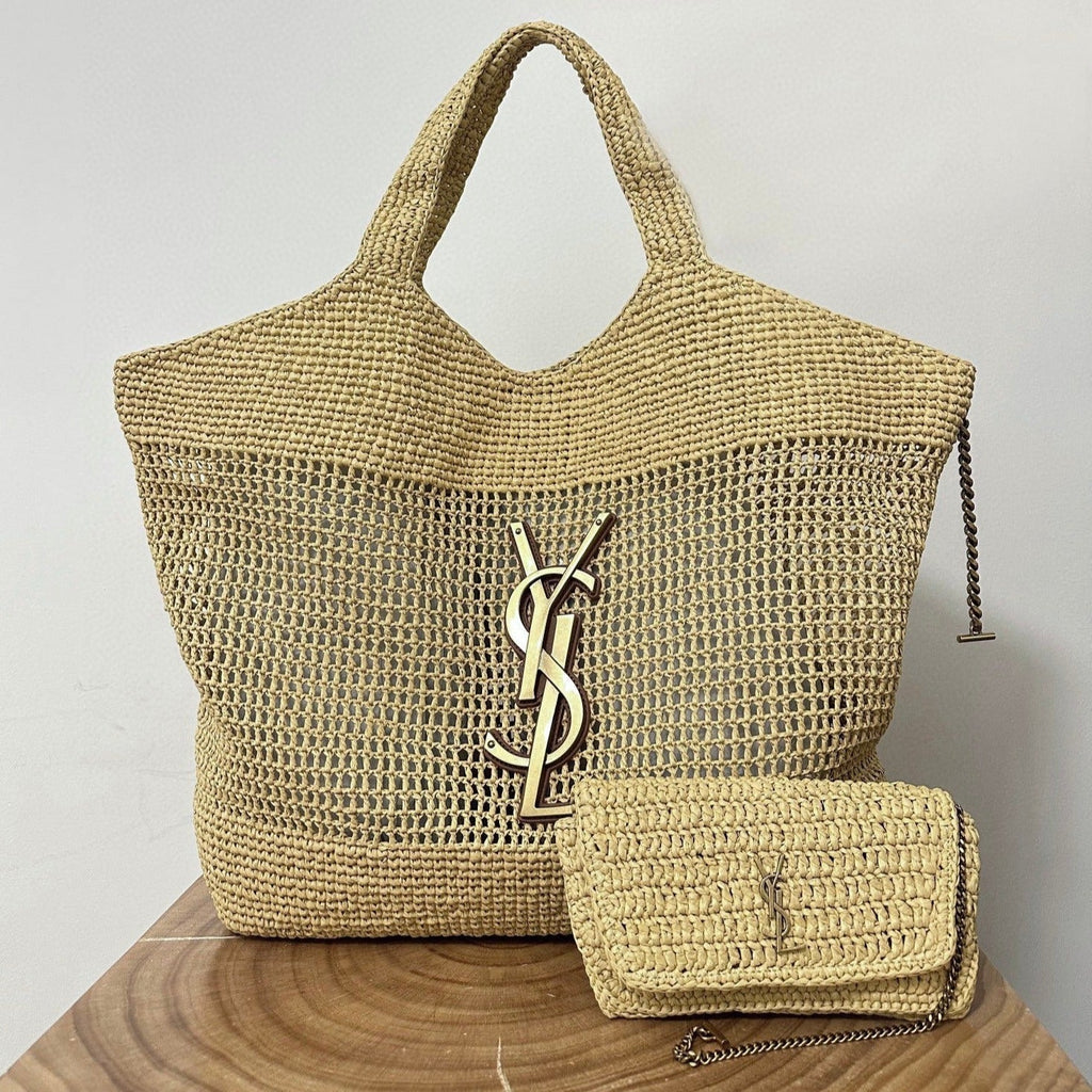SAINT LAURENT RAFFIA ICARE 55 BEIGE BROWN STRAW