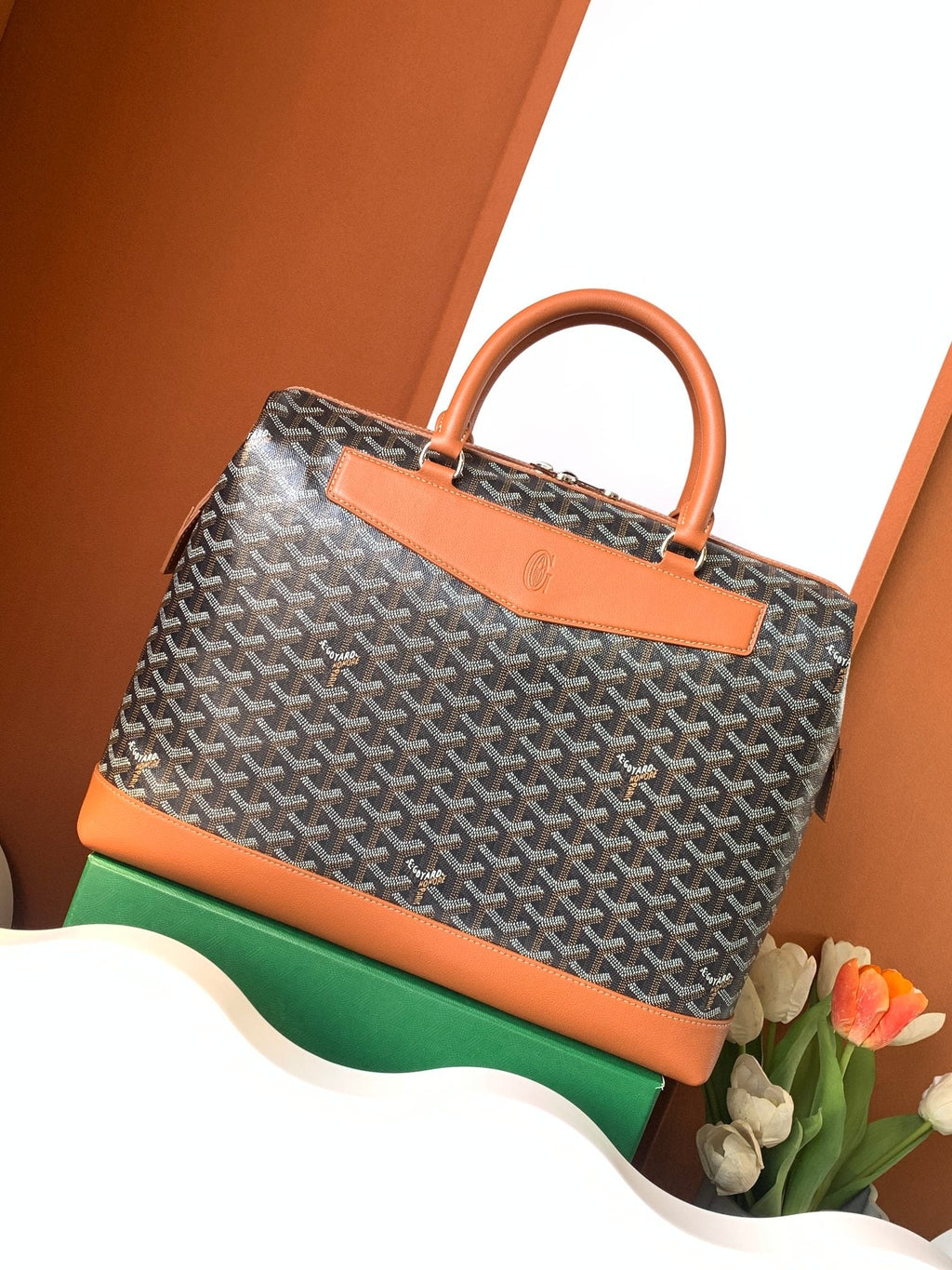 GOYARD CISALPIN DOCUMENT CASE 39 IN BLACK GOYARDINE CANVAS AND TAN CALFSKIN