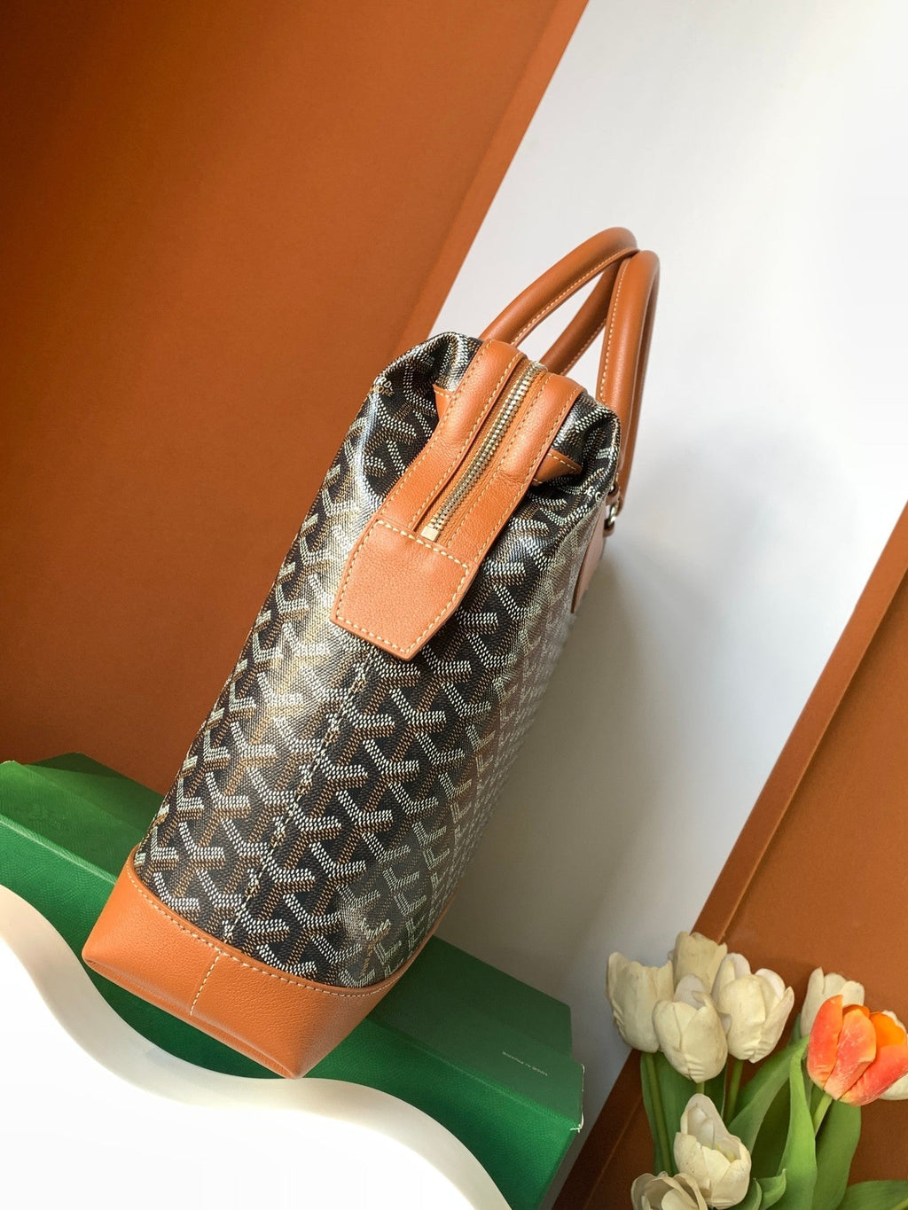 GOYARD CISALPIN DOCUMENT CASE 39 IN BLACK GOYARDINE CANVAS AND TAN CALFSKIN