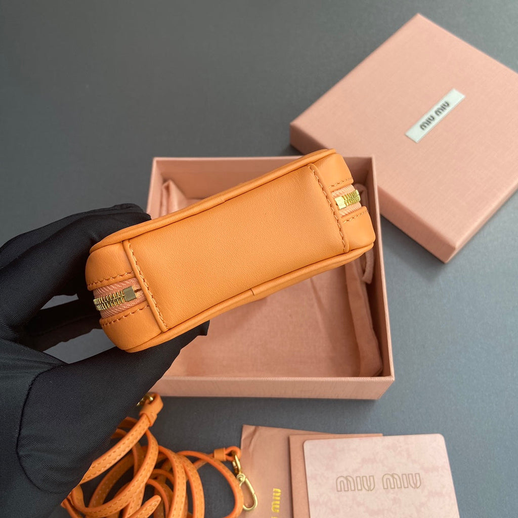MIU MIU MICRO BAG KEYCHAIN 11 IN HOT CINNAMON ORANGE CALFSKIN EMBOSSED LOGO
