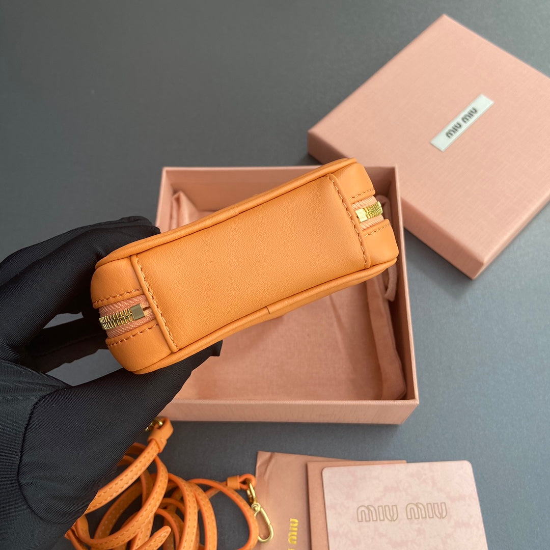 MIU MIU MICRO BAG KEYCHAIN 11 IN HOT CINNAMON ORANGE CALFSKIN EMBOSSED LOGO