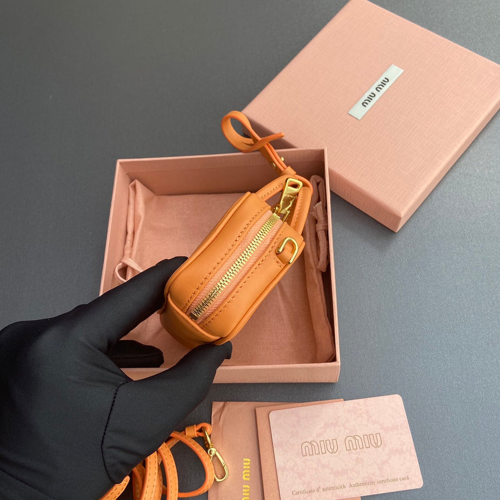 MIU MIU MICRO BAG KEYCHAIN 11 IN HOT CINNAMON ORANGE CALFSKIN EMBOSSED LOGO