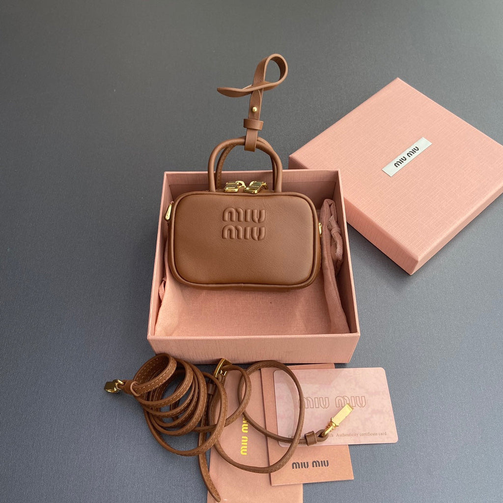 MIU MIU MICRO BAG KEYCHAIN 11 IN CAPE PALLISER BROWN CALFSKIN EMBOSSED LOGO