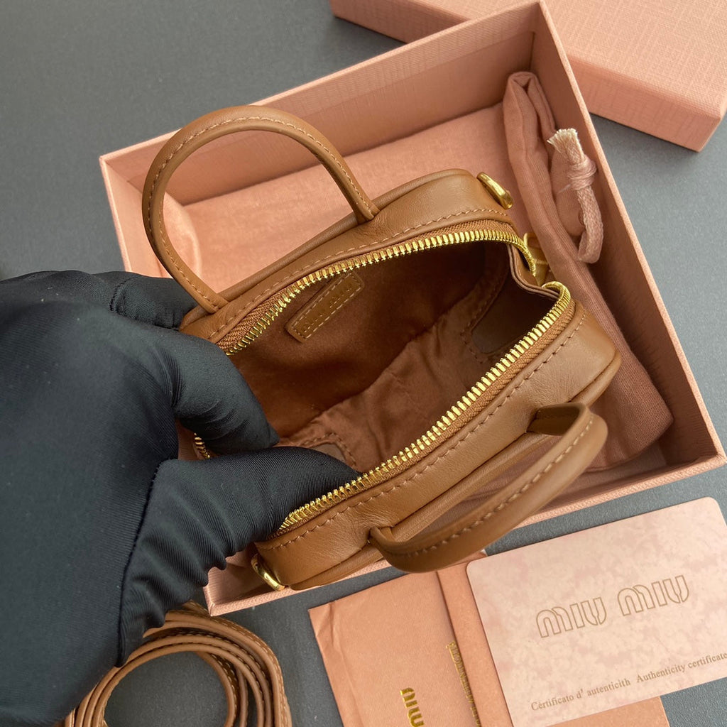 MIU MIU MICRO BAG KEYCHAIN 11 IN CAPE PALLISER BROWN CALFSKIN EMBOSSED LOGO