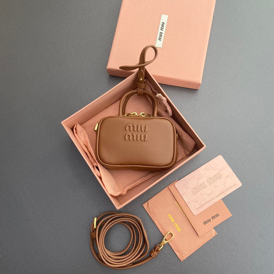 MIU MIU MICRO BAG KEYCHAIN 11 IN CAPE PALLISER BROWN CALFSKIN EMBOSSED LOGO