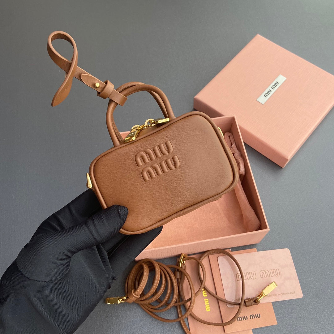 MIU MIU MICRO BAG KEYCHAIN 11 IN CAPE PALLISER BROWN CALFSKIN EMBOSSED LOGO