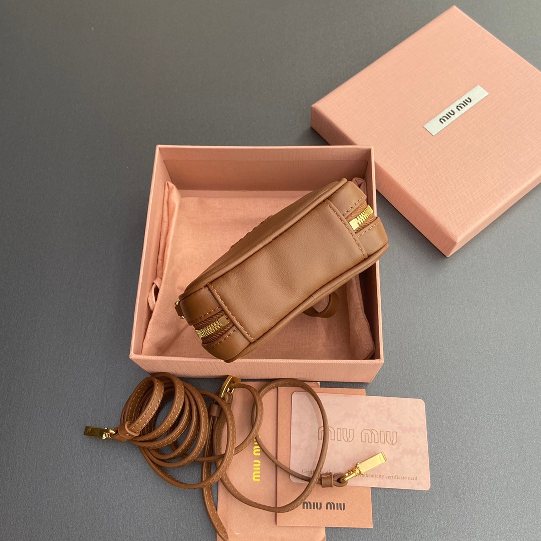 MIU MIU MICRO BAG KEYCHAIN 11 IN CAPE PALLISER BROWN CALFSKIN EMBOSSED LOGO