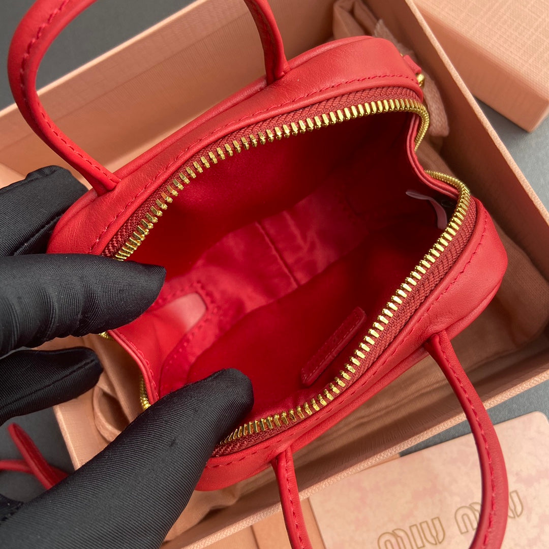 MIU MIU MICRO BAG KEYCHAIN 11 IN TALL POPPY RED CALFSKIN EMBOSSED LOGO