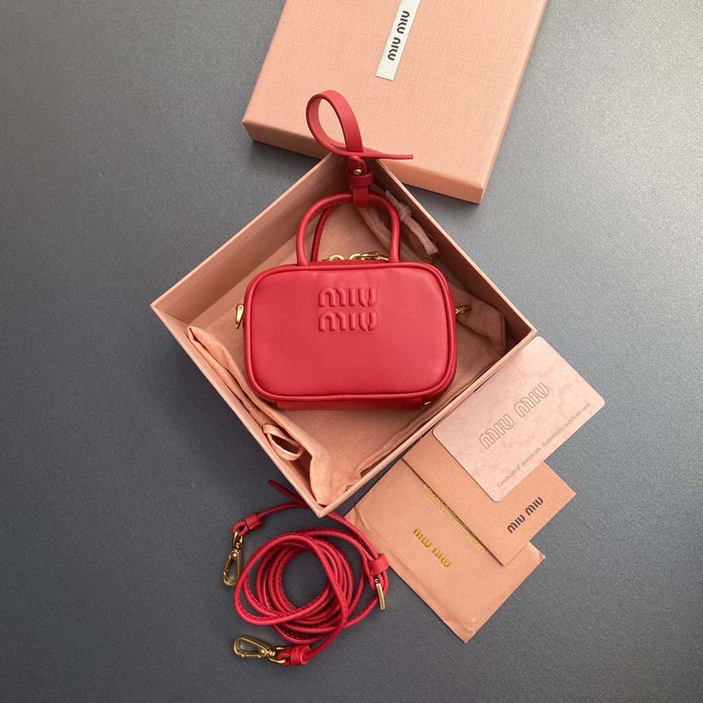 MIU MIU MICRO BAG KEYCHAIN 11 IN TALL POPPY RED CALFSKIN EMBOSSED LOGO
