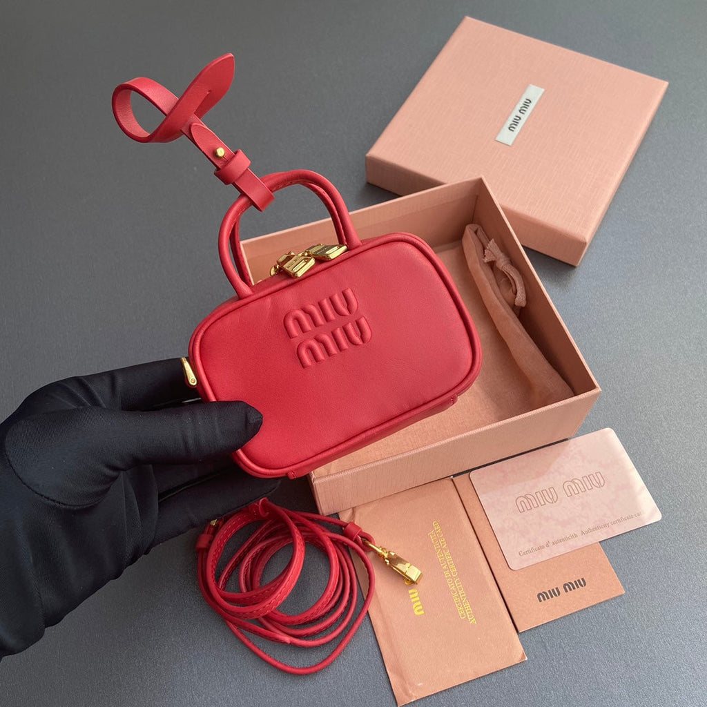 MIU MIU MICRO BAG KEYCHAIN 11 IN TALL POPPY RED CALFSKIN EMBOSSED LOGO
