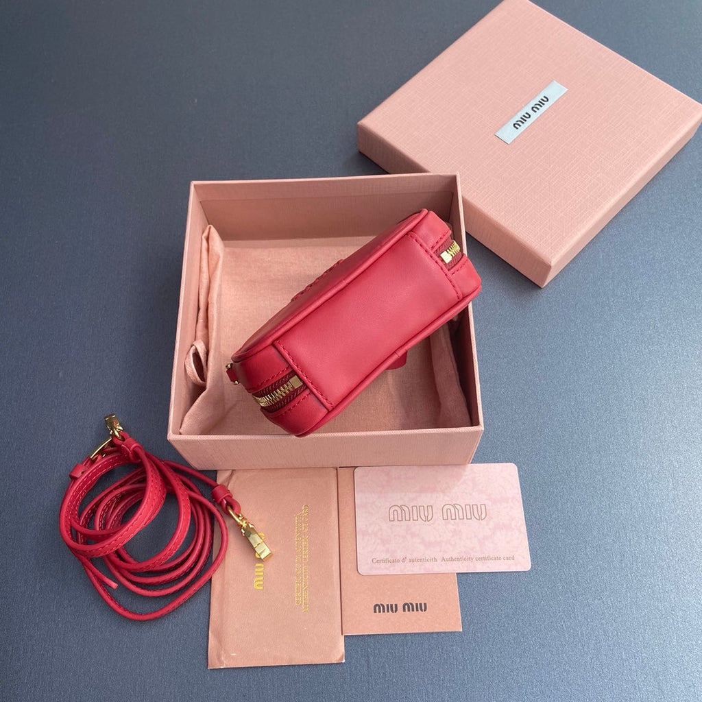 MIU MIU MICRO BAG KEYCHAIN 11 IN TALL POPPY RED CALFSKIN EMBOSSED LOGO