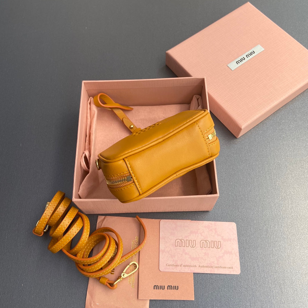 MIU MIU MICRO BAG KEYCHAIN 11 IN INDOCHINE ORANGE CALFSKIN EMBOSSED LOGO