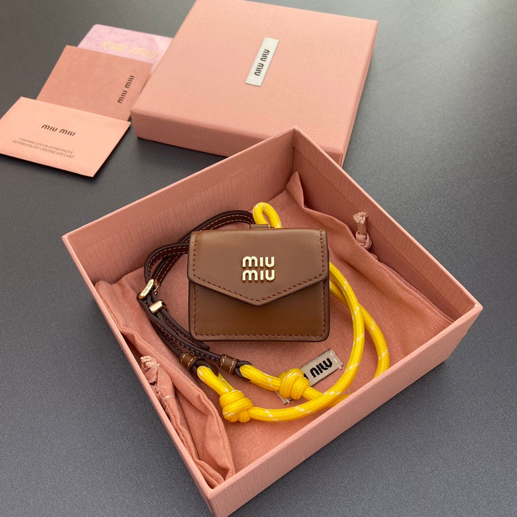MIU MIU MICRO BAG 7 IN TAWNY BROWN SMOOTH LAMBSKIN YELLOW STRAP