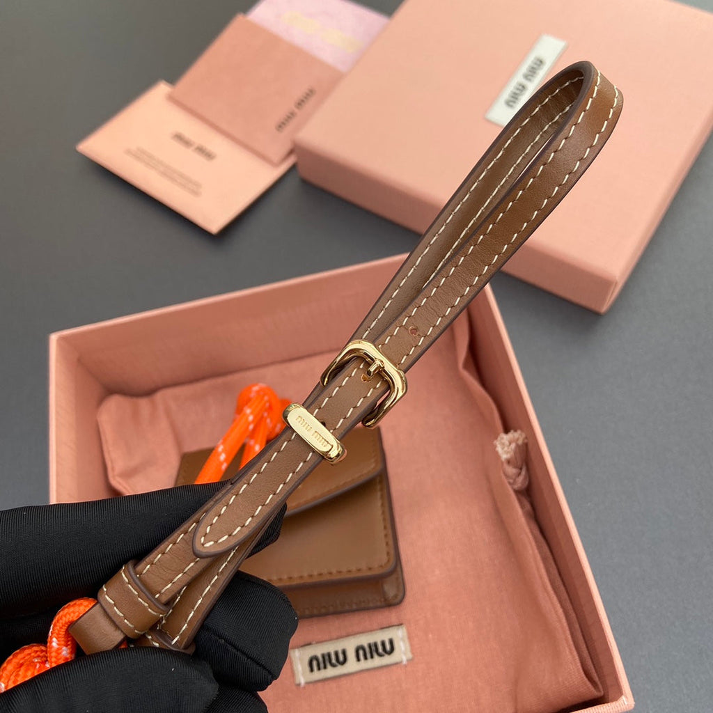 MIU MIU MICRO BAG 7 IN TAWNY BROWN SMOOTH LAMBSKIN ORANGE STRAP
