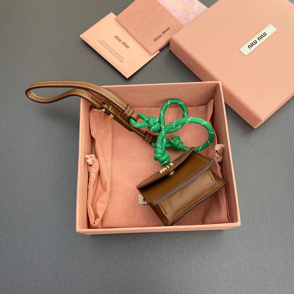 MIU MIU MICRO BAG 7 IN TAWNY BROWN SMOOTH LAMBSKIN GREEN STRAP