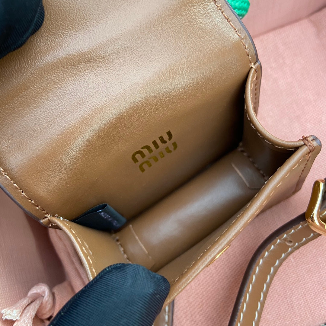 MIU MIU MICRO BAG 7 IN TAWNY BROWN SMOOTH LAMBSKIN GREEN STRAP