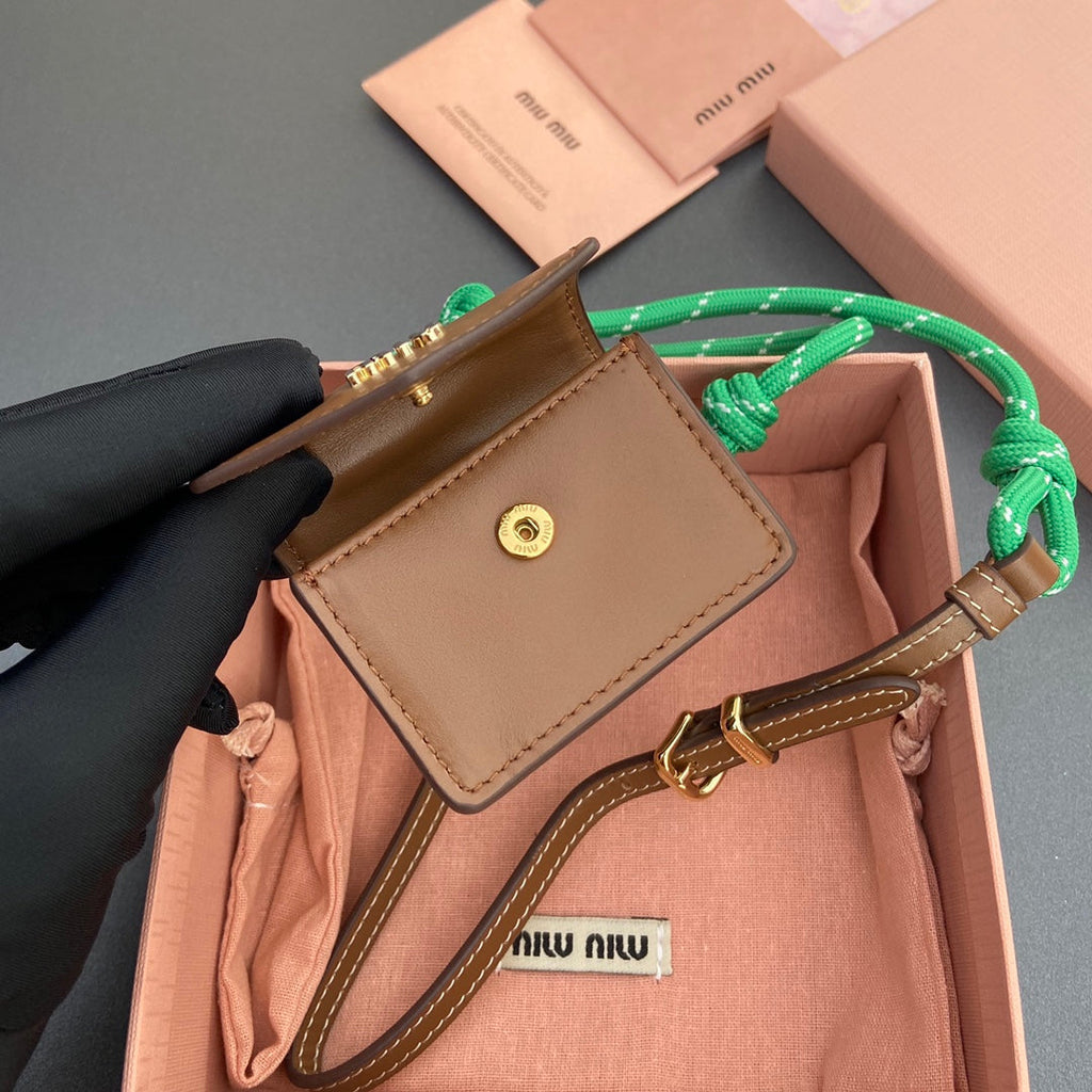 MIU MIU MICRO BAG 7 IN TAWNY BROWN SMOOTH LAMBSKIN GREEN STRAP
