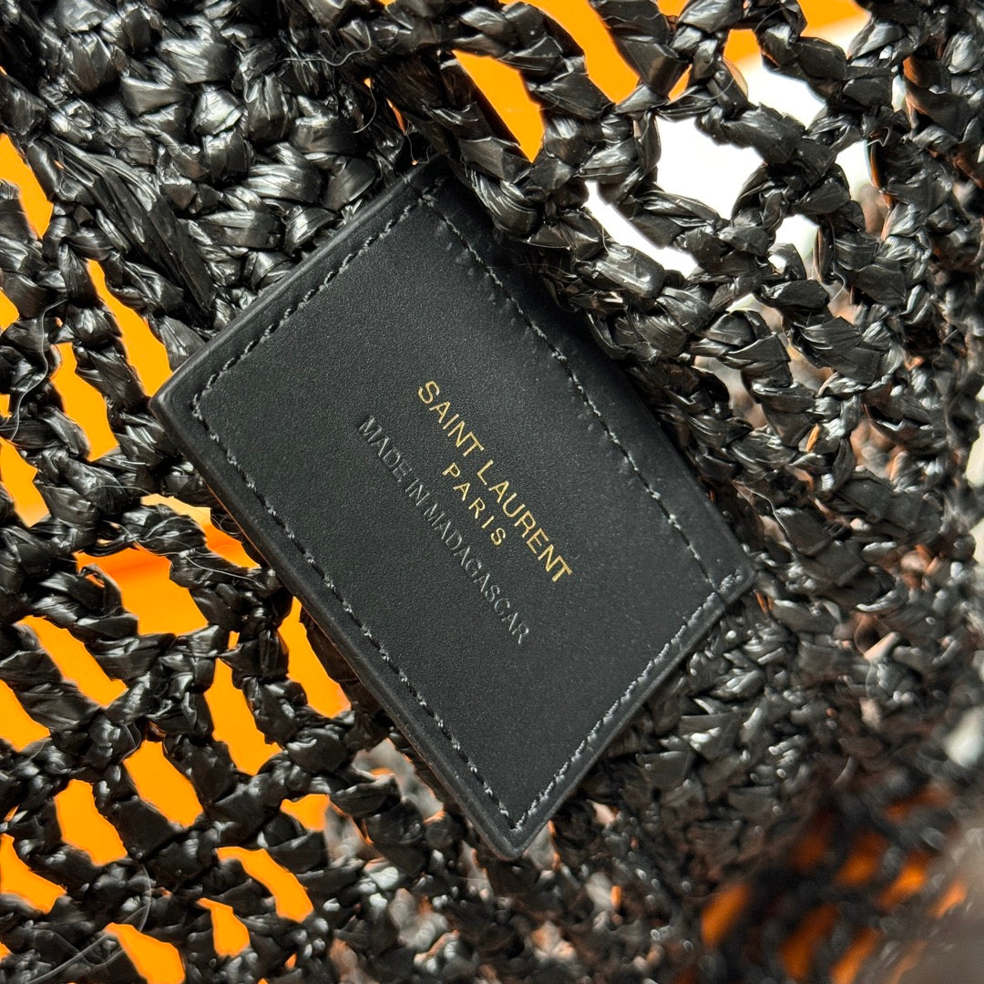 SAINT LAURENT TOTE BAG 40 IN BLACK RAFFIA GOLD LOGO