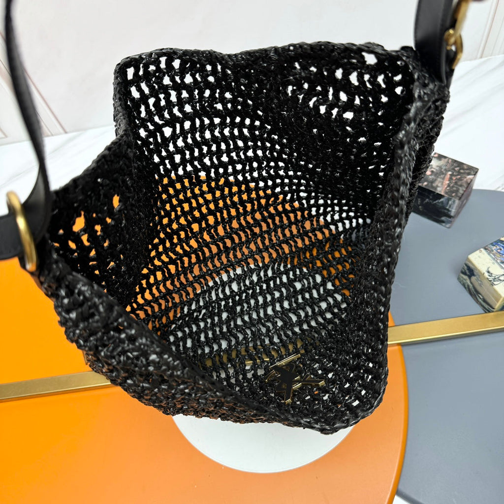 SAINT LAURENT TOTE BAG 40 IN BLACK RAFFIA GOLD LOGO